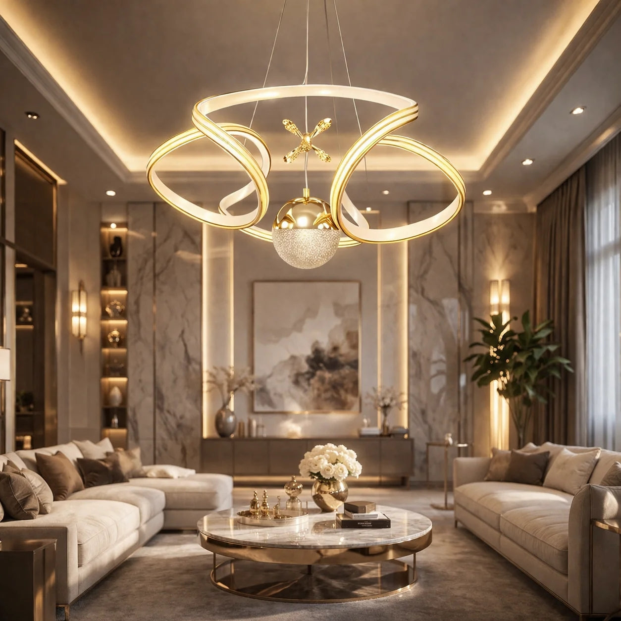Calista Gold Beyaz Özel Tasarım Gold Çizgi Detaylı Uzaktan Kumandalı Dimmerli Gece Modlu 3 Renk Ledli Avize - Çap 50 cm