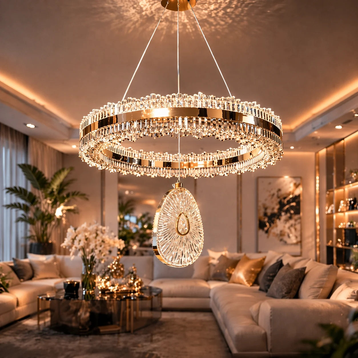 İhtişam Lüks Gold Kaplamalı Çift Yönlü Aydınlatmalı Kumandalı Dimmerli 3 Renk Ledli Avize Led Avize- Çap 40 cm
