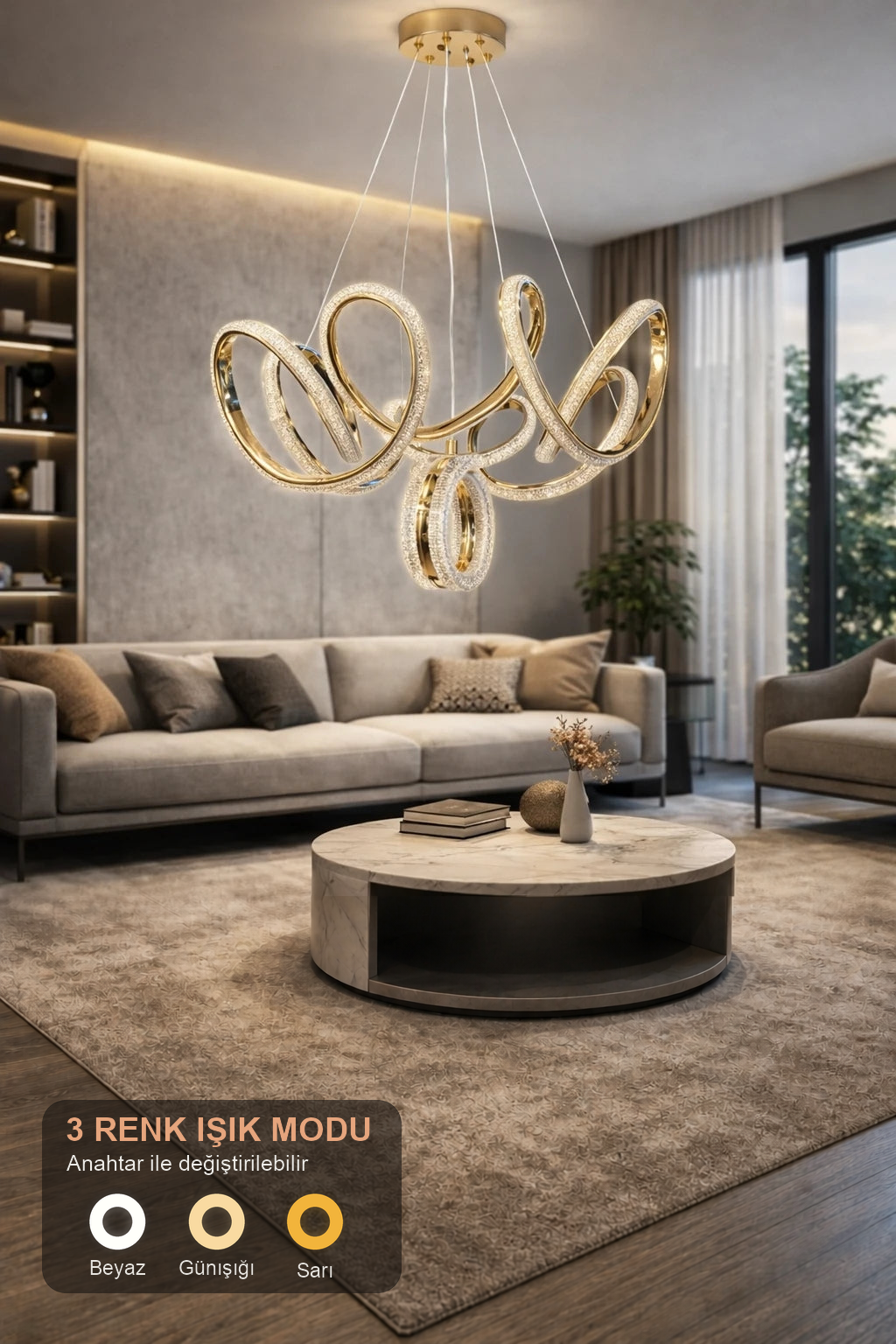 Prestij Lüks Cristalya Serisi Orjinal Gold Kaplamalı 3 Renk Ledli Sarkıt Ledli Avize Modern Led Avize-Çap 50 cm