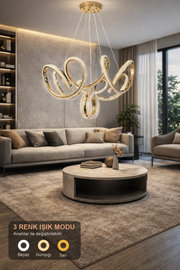 Prestij Lüks Cristalya Serisi Orjinal Gold Kaplamalı 3 Renk Ledli Sarkıt Ledli Avize Modern Led Avize-Çap 50 cm