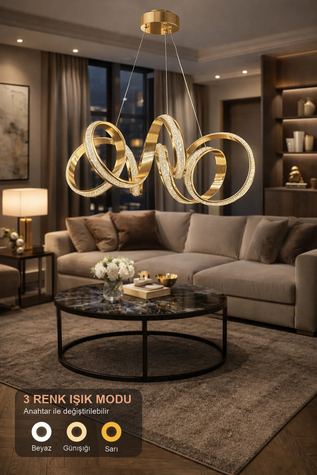 Parmas Lüks Cristalya Serisi Orjinal Gold Kaplamalı 3 Renk Ledli Sarkıt Ledli Avize Modern Led Avize-Çap 50 cm