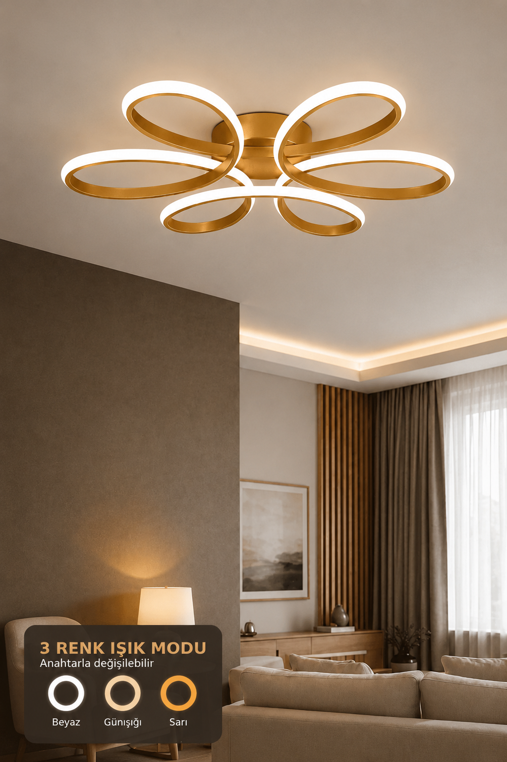 Nipul Eskitme Plafonyer Modern Ultra Süper 3 Renk Işıklı Ledli Avize