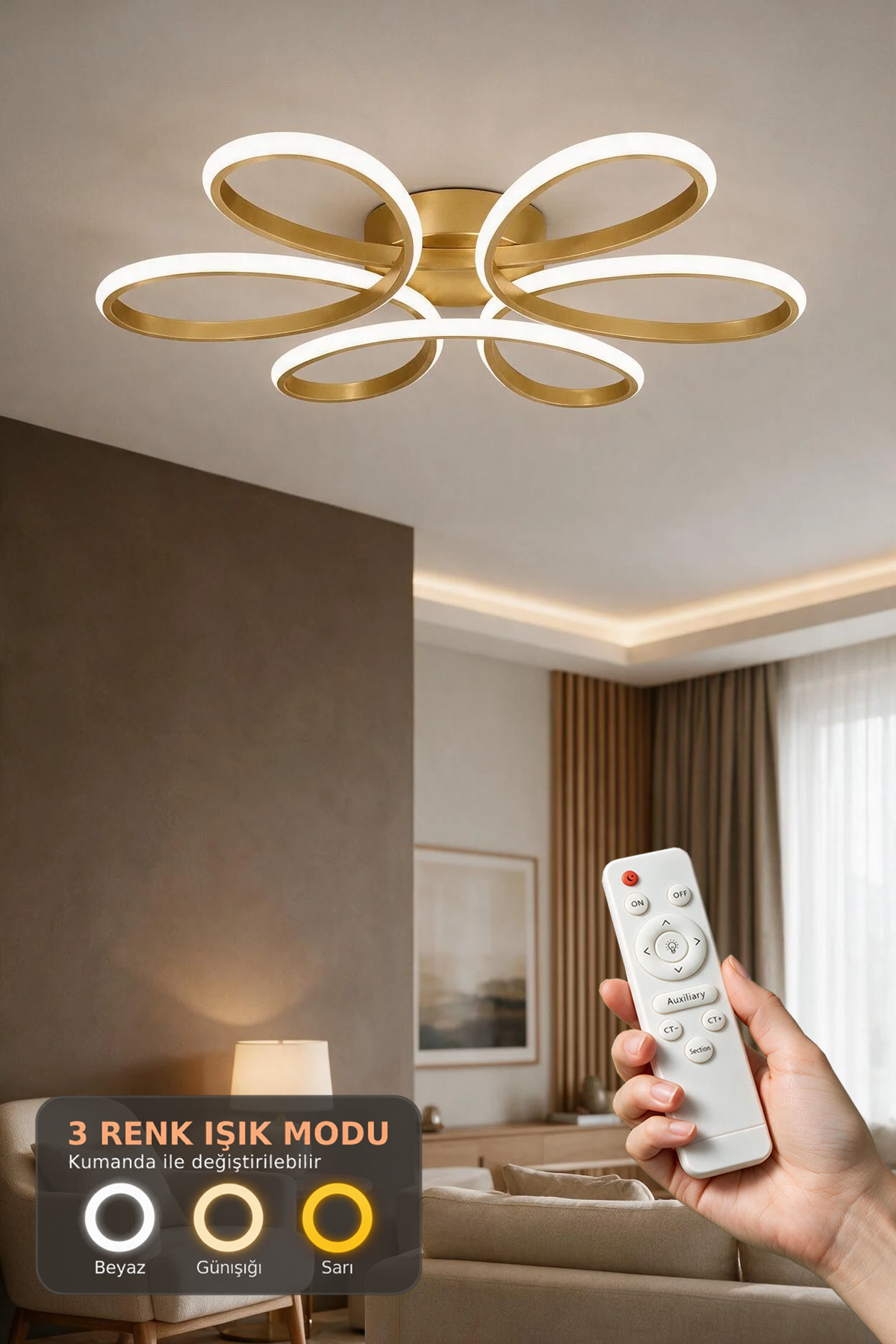 Linda Eskitme Kumandalı 3 Renk 60 cm Plafonyer Avize