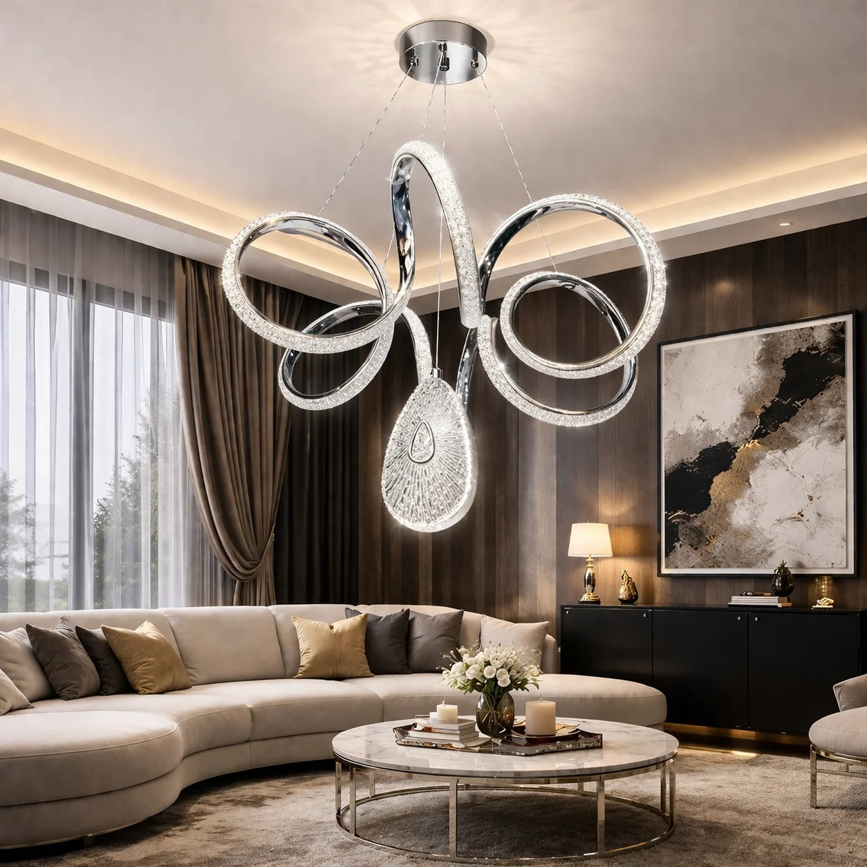 Oylum Lüks Cristalya Serisi Krom Kaplamalı 3 Renk Ledli Sarkıt Ledli Avize Modern Led Avize-Çap 50 cm