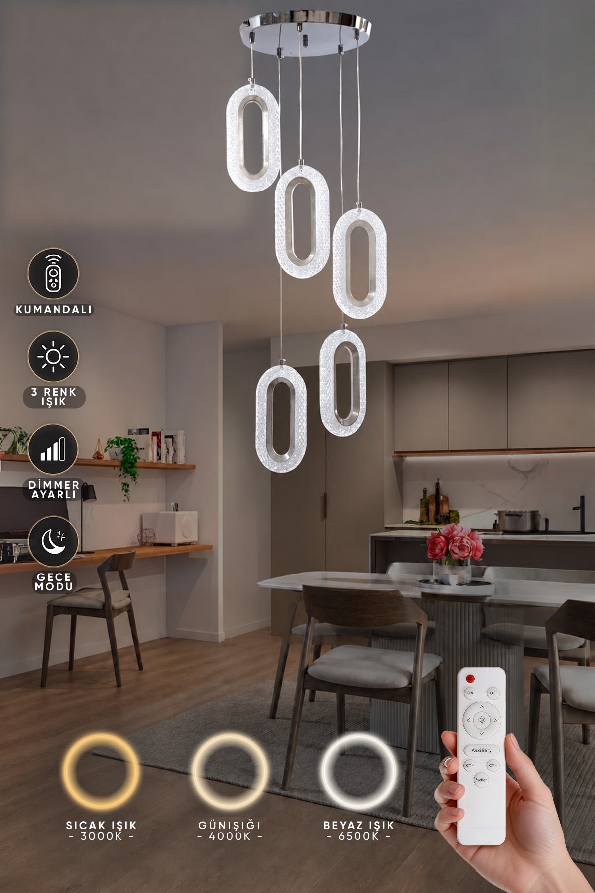 Eleni Krom 5'li Lüks Kumandalı Dimmerli 3 Renk Ledli Avize Modern Led Avize