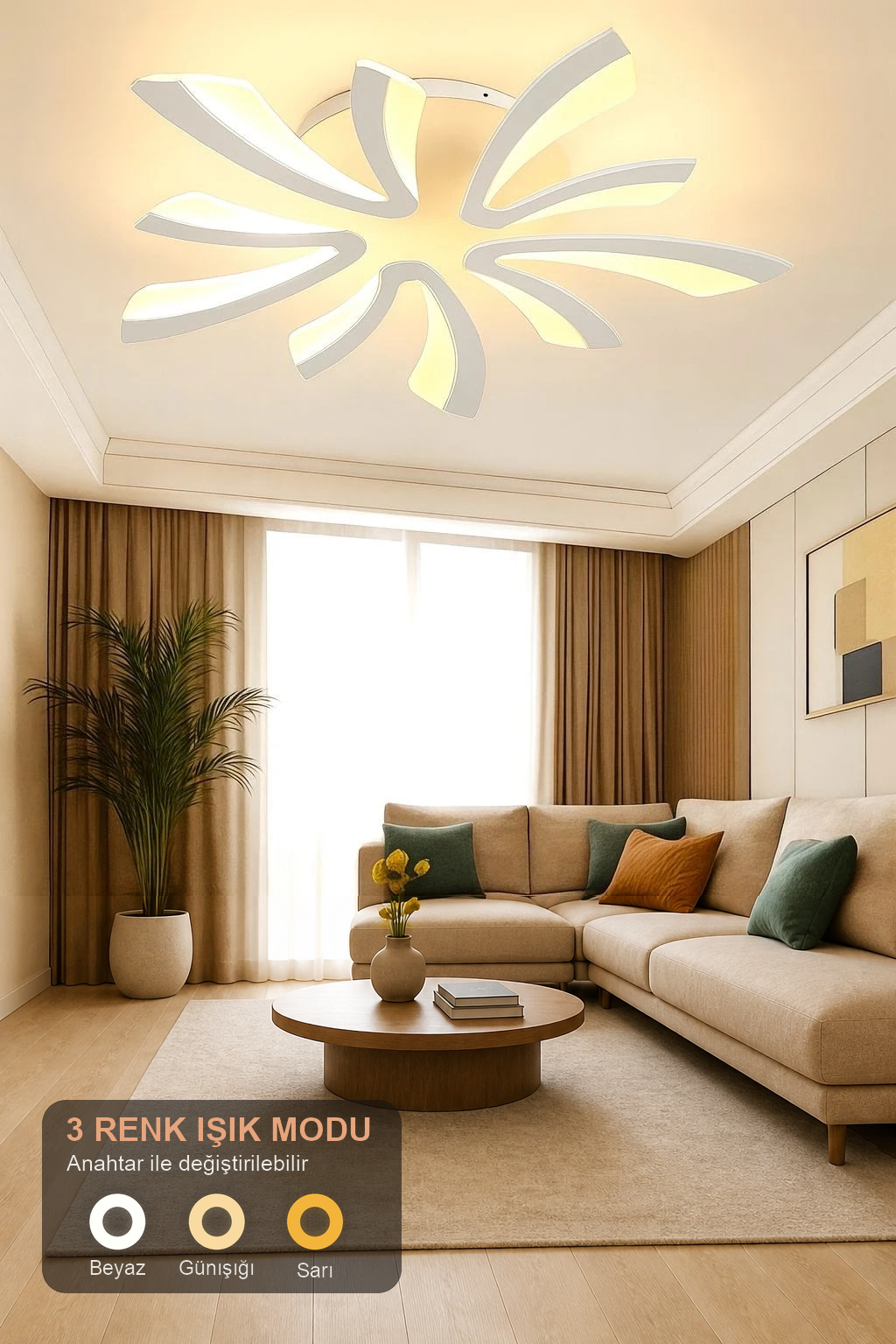 MS59005-5 Modern 3 Renk Ledli Plafonyer Beyaz Lüks 5'Lİ Ledli Avize