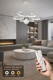 Luxury Krom Beyaz Özel Tasarım Krom Çizgi Detaylı Uzaktan Kumandalı Dimmerli Gece Modlu 3 Renk Ledli Avize - Çap 60 cm