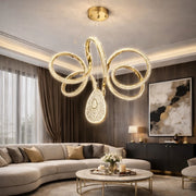 Oylum Lüks Cristalya Serisi Gold Kaplamalı 3 Renk Ledli Sarkıt Ledli Avize Modern Led Avize-Çap 50 cm