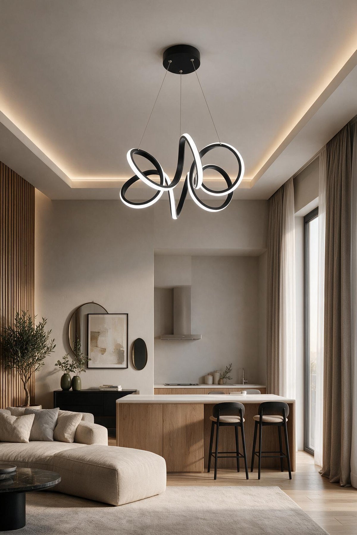 Endiy Siyah Modern Sarkıt Led Avize Beyaz Işık