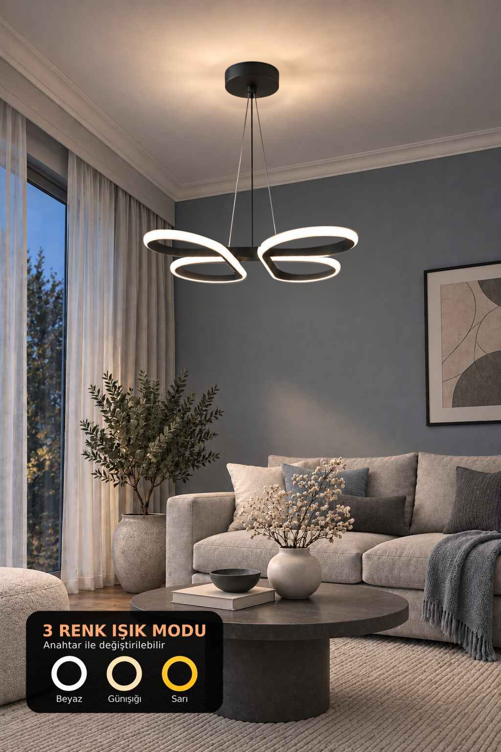 Bohem Siyah 3 Renk Ledli Sarkık Ledli Avize Modern Led Avize