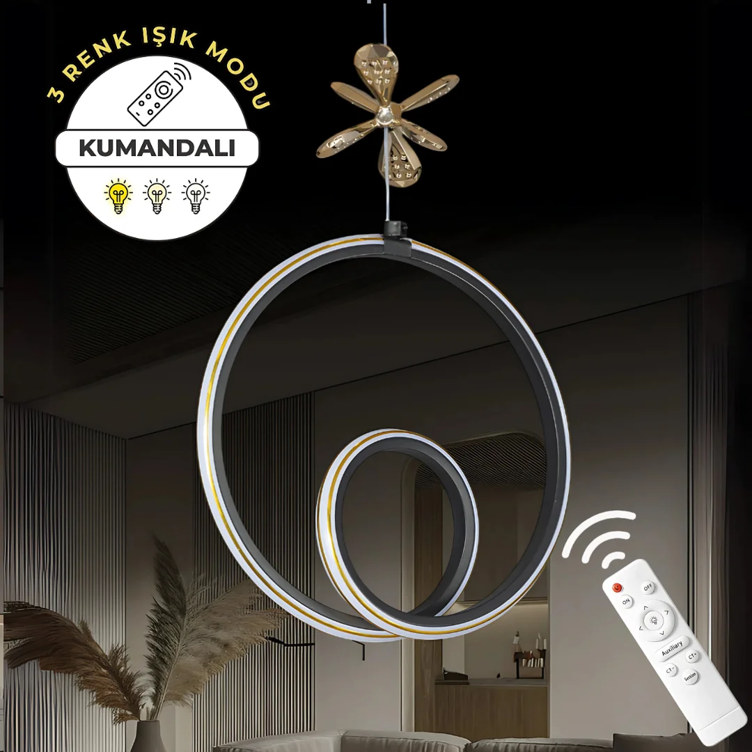 Yakamoz Siyah 3 Renk Kumandalı Gold Çizgili Kelebek Detaylı Sarkıt Ledli Dimmerli Avizeerli Avize