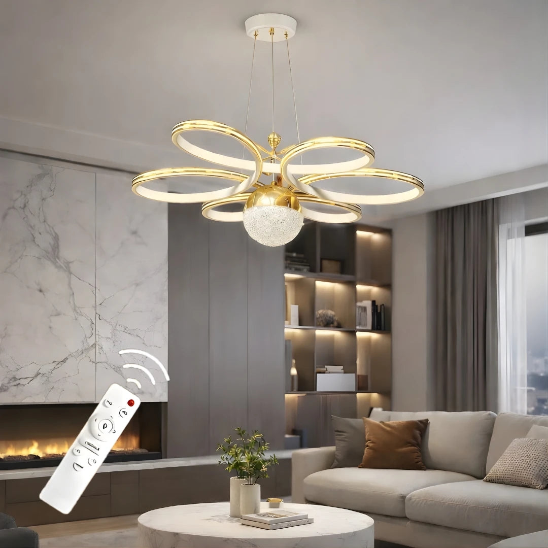 Luxury Gold Beyaz Özel Tasarım Gold Çizgi Detaylı Uzaktan Kumandalı Dimmerli Gece Modlu 3 Renk Ledli Avize - Çap 60 cm