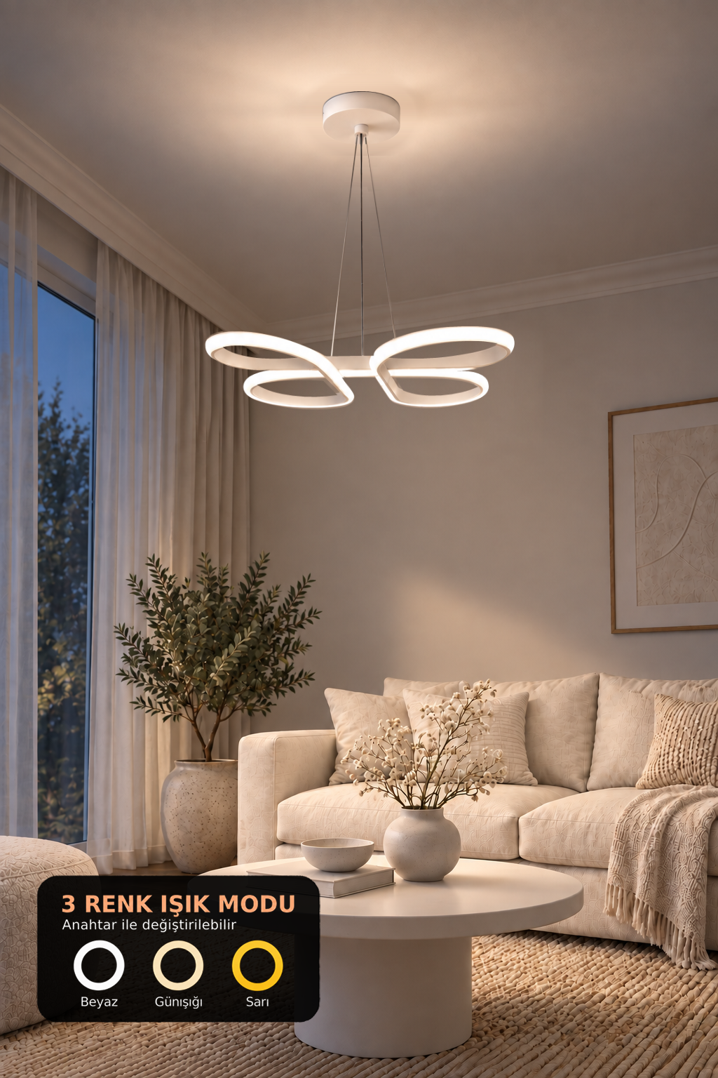 Bohem Beyaz Sarkık 3 Renk Ledli Avize Modern Led Avize