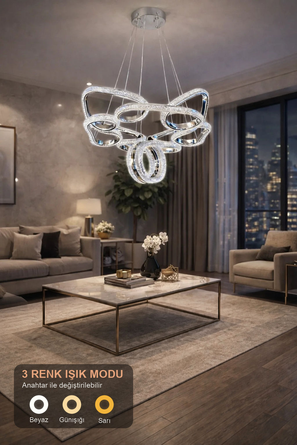 Porto Lüks Cristalya Serisi Orjinal  Krom Kaplamalı 3 Renk Ledli Sarkıt Ledli Avize Modern Led Avize-Çap 45 cm