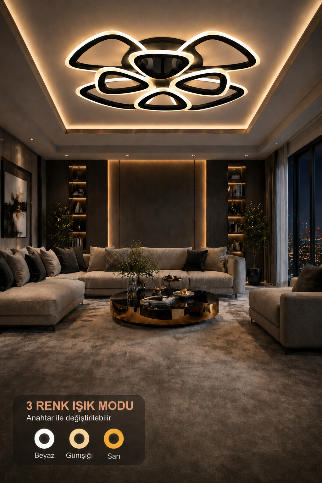 MS39005-4+4 Modern 3 Renk Ledli Mimari Tasarım Siyah Plafonyer Lüks Modern 8'Lİ Ledli Avize