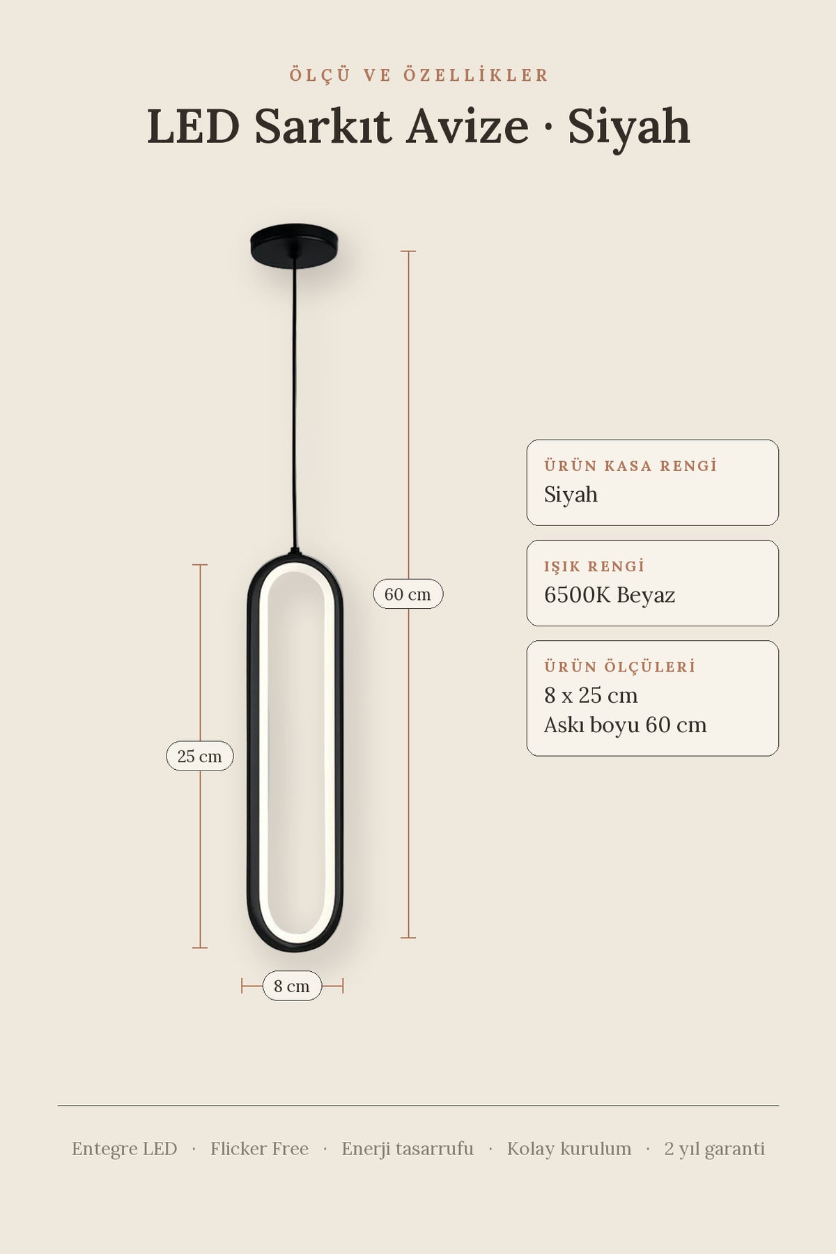 Ovis Siyah Beyaz Işık Ledli Modern Sarkıt Led Avize