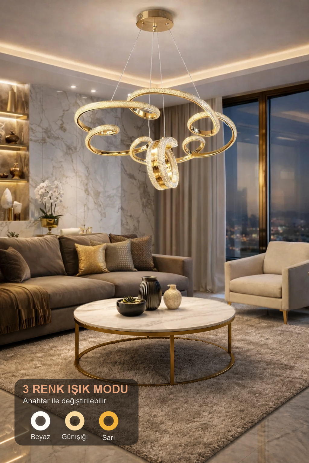 Platin Lüks Cristalya Serisi Orjinal Gold Kaplamalı 3 Renk Ledli Sarkıt Ledli Avize Modern Led Avize-Çap 50 cm
