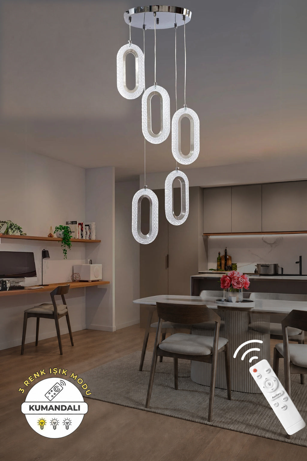 Eleni Krom 5'li Lüks Kumandalı Dimmerli 3 Renk Ledli Avize Modern Led Avize