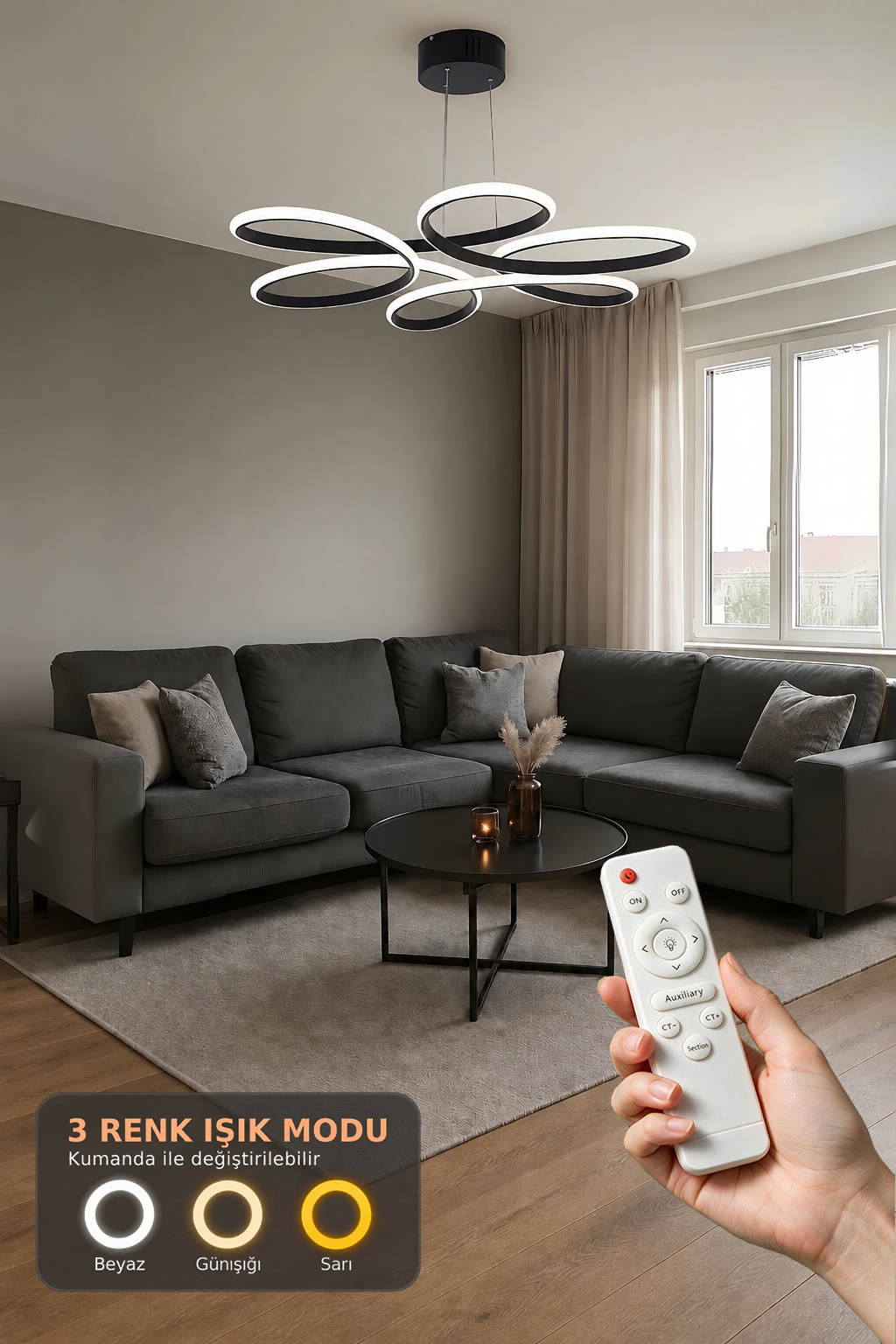 Lupin Siyah Sarkık Kumandalı 3 Renk Ledli Dimmerli Sarkıt Modern Ledli Avize-Çap 60 cm