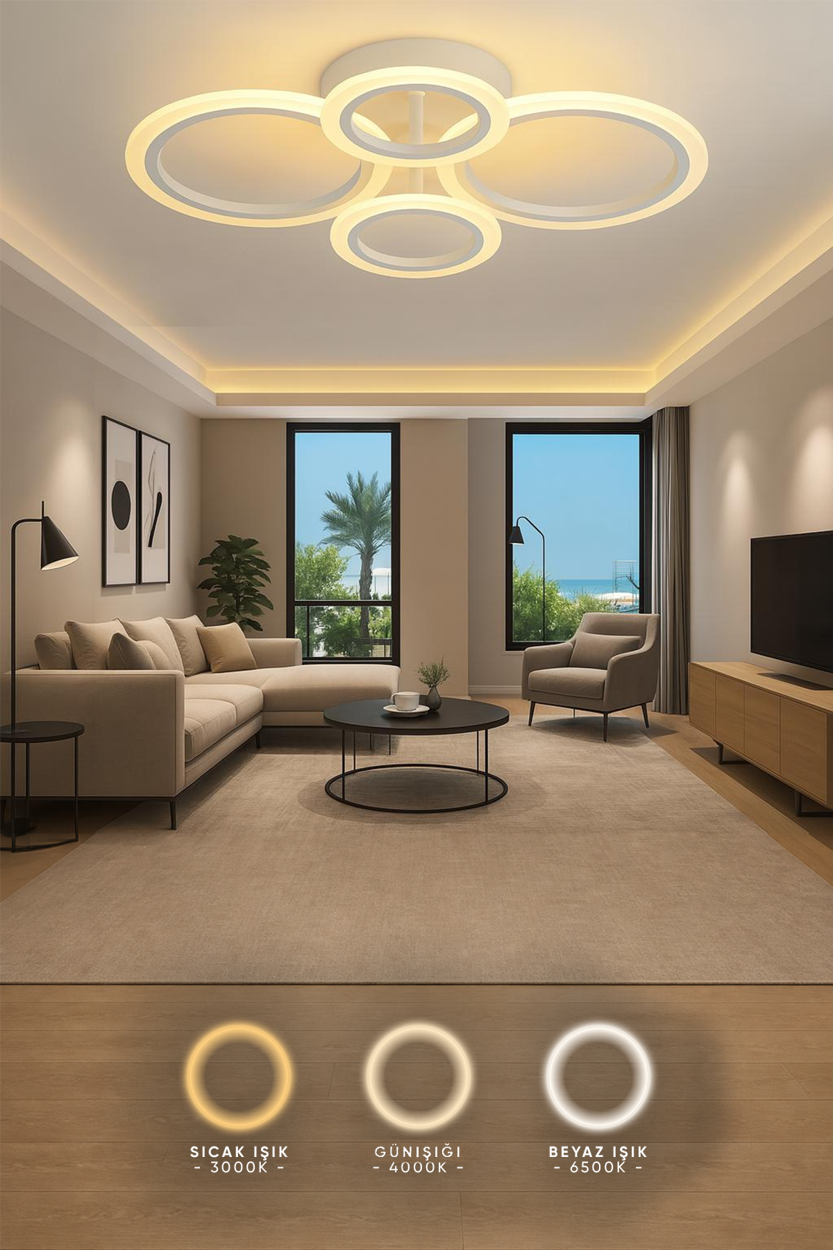 MS38005-4 Modern 3 Renk Ledli  Plafonyer Lüks Beyaz 4'lü Ledli Avize