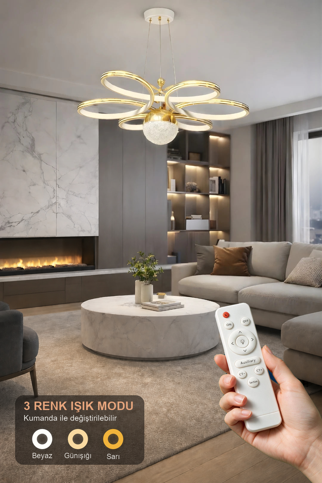 Luxury Gold Beyaz Özel Tasarım Gold Çizgi Detaylı Uzaktan Kumandalı Dimmerli Gece Modlu 3 Renk Ledli Avize - Çap 60 cm