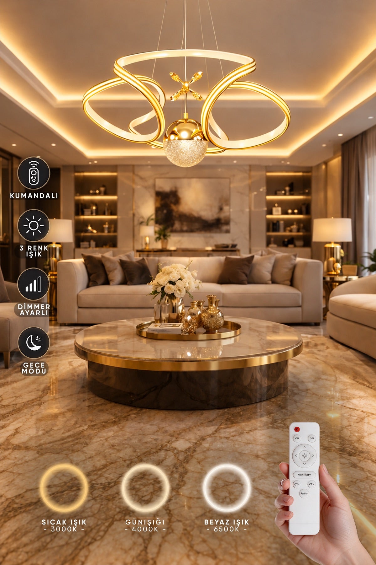 Calista Gold Beyaz Özel Tasarım Gold Çizgi Detaylı Uzaktan Kumandalı Dimmerli Gece Modlu 3 Renk Ledli Avize - Çap 50 cm