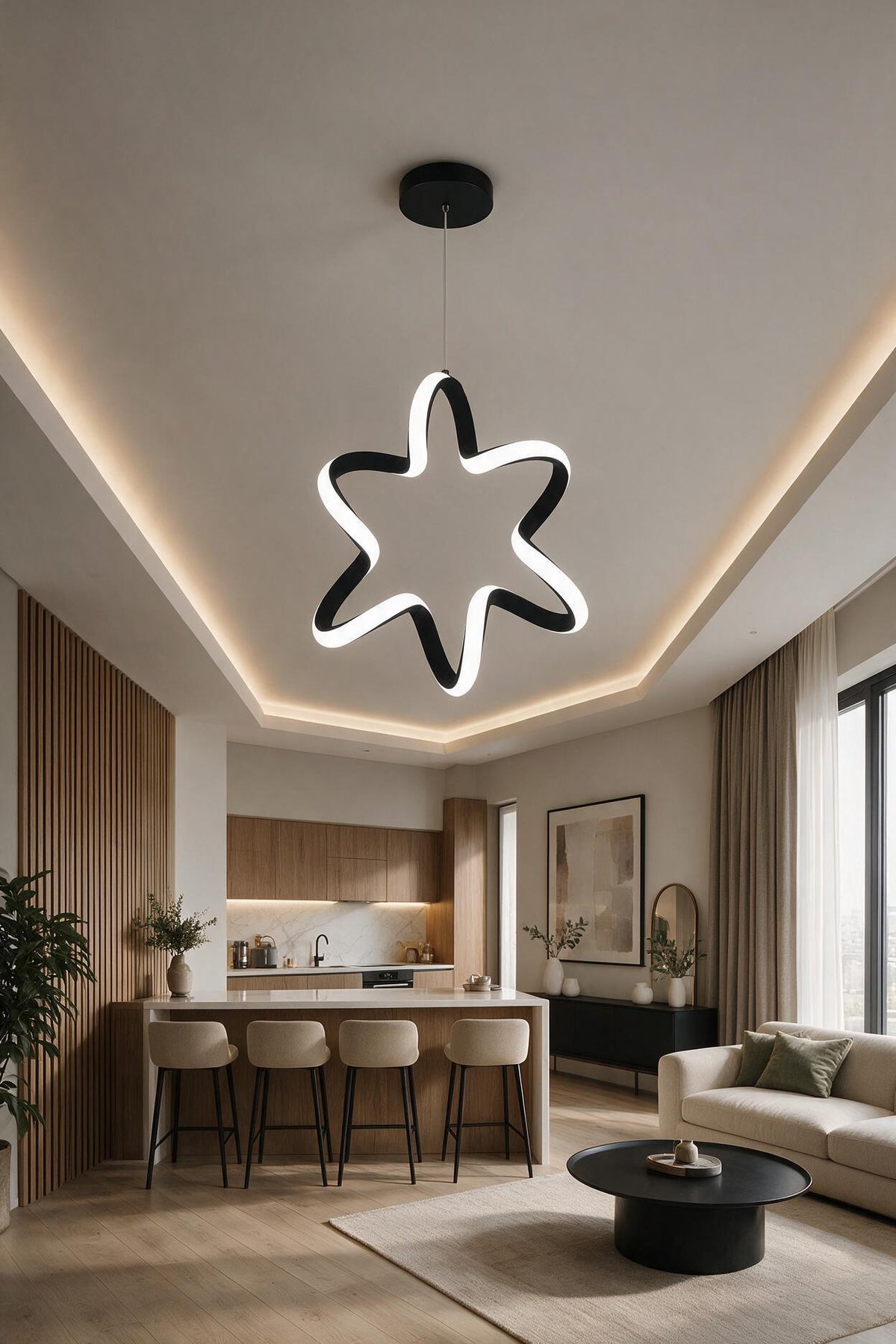 Yıldız Siyah Tekli Sarkıt Led Beyaz Işık Ultra Ledli Salon Mutfak Oda Hol Ledli Avize