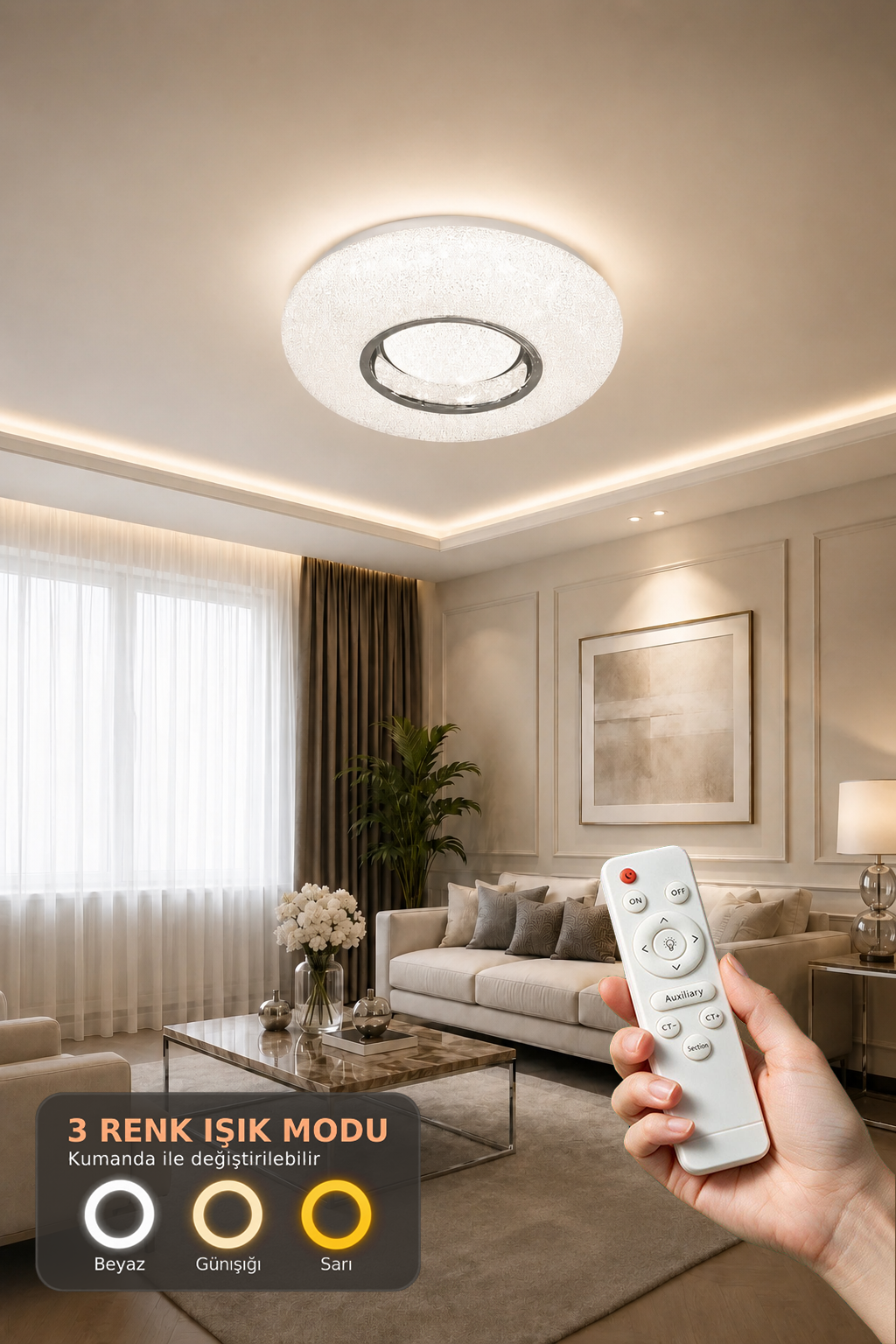 Lara Krom Uzaktan Kumandalı 3 Renk 50 cm Led Avize