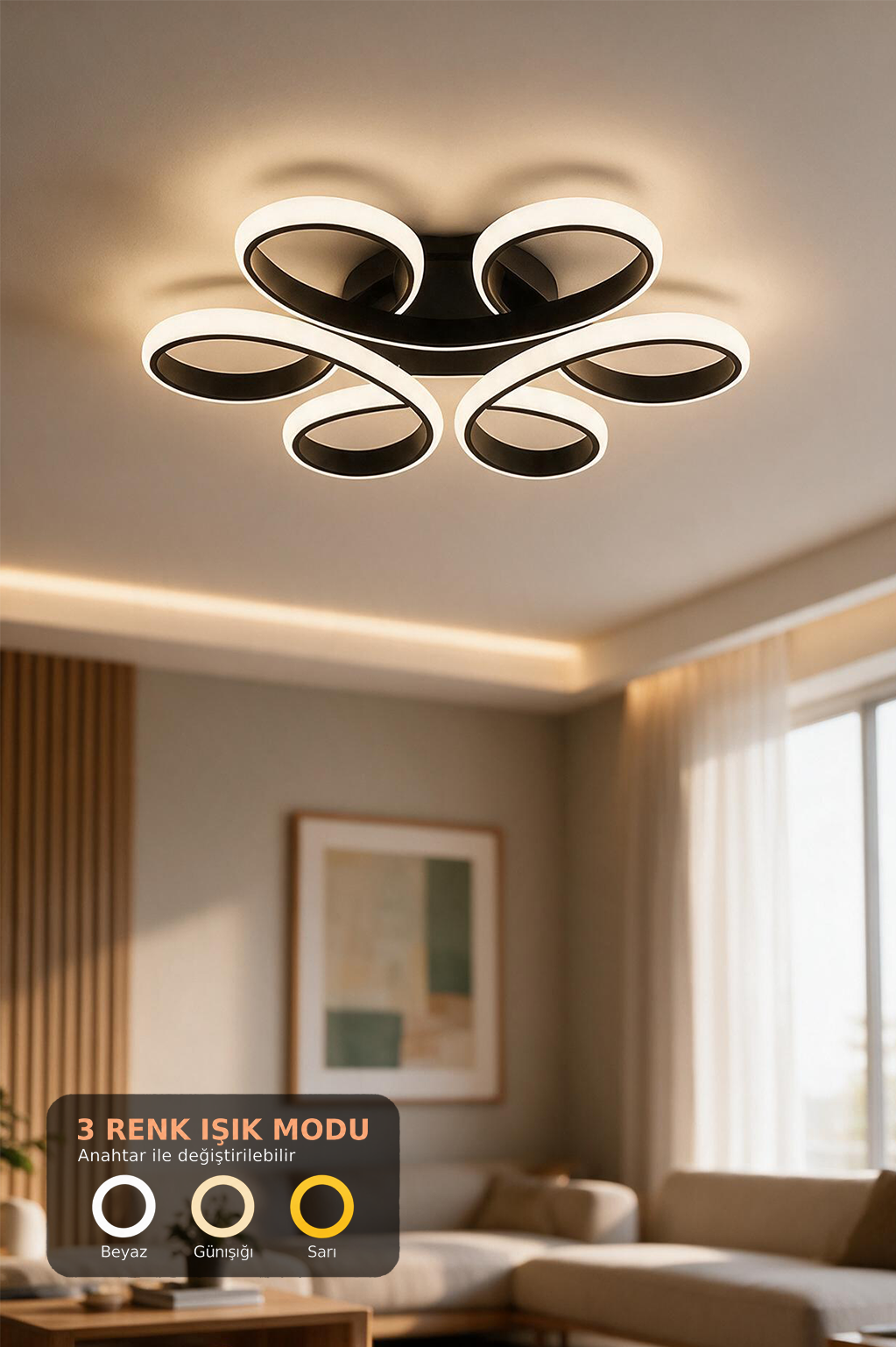 Papatya Siyah Plafonyer 3 Renk Ledli Avize Modern Led Avize  - Çap 40 cm