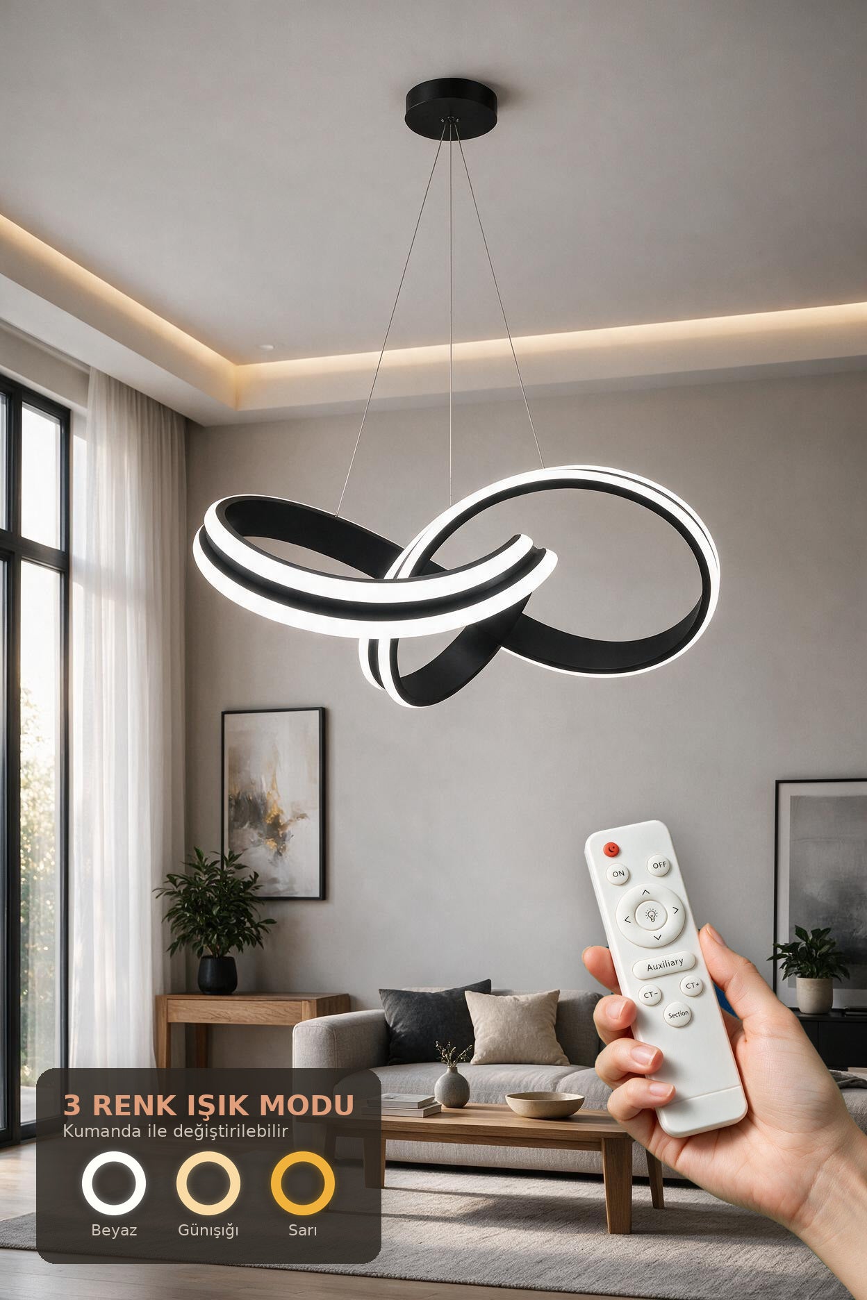 Astera Siyah Kumandalı 3 Renk Ledli Modern Özel Tasarım Sarkıt Led Avize