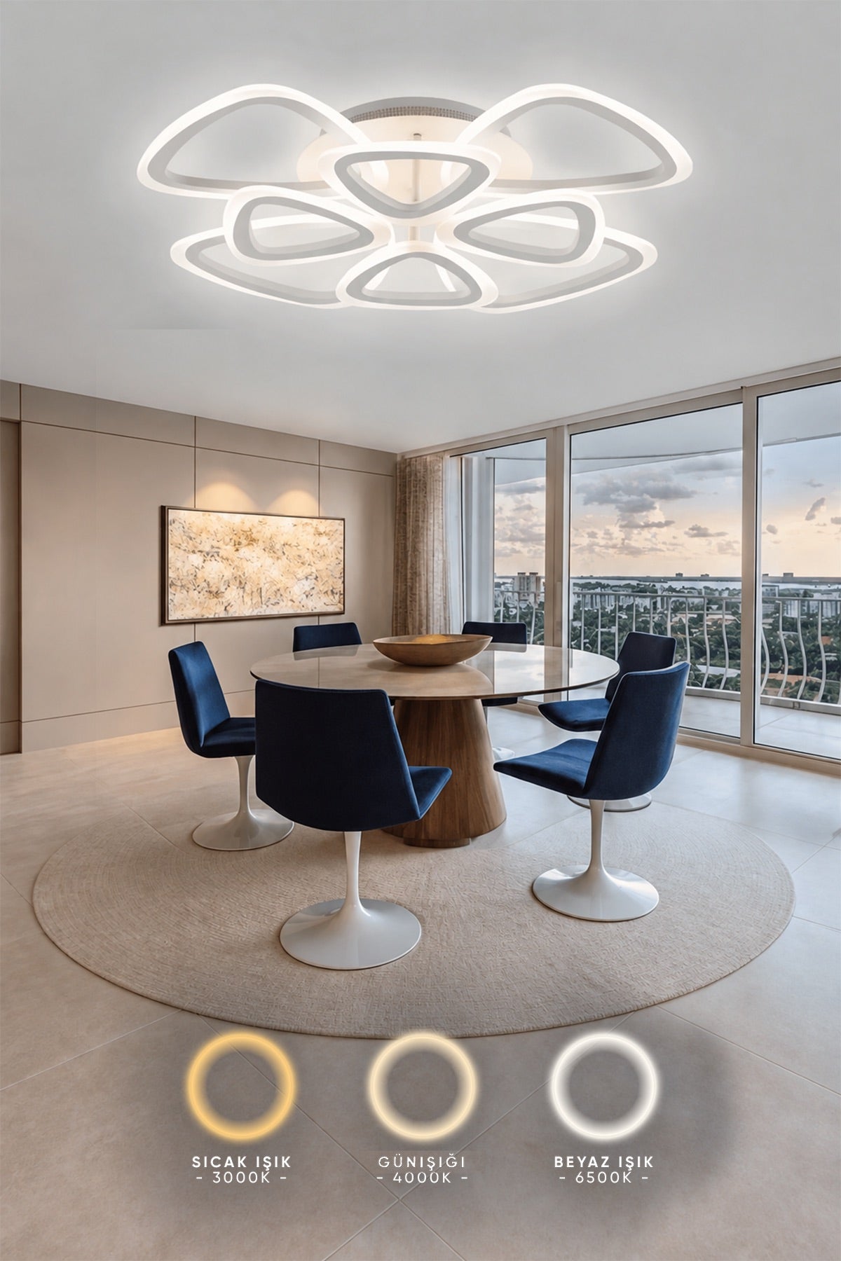 MS39005-4+4 Modern 3 Renk Ledli Mimari Tasarım Beyaz Plafonyer Lüks Modern 8'Lİ Ledli Avize