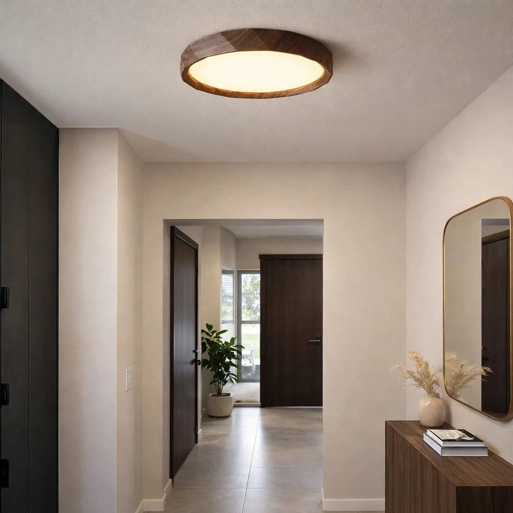 Antik Burma 26'Lık Koyu Ceviz Ahşap Desenli Plafonyer 3 Renk Ledli Hol  Antre Koridor Banyo Balkon Avizesi Ledli Avize Armatür - Çap 26 cm