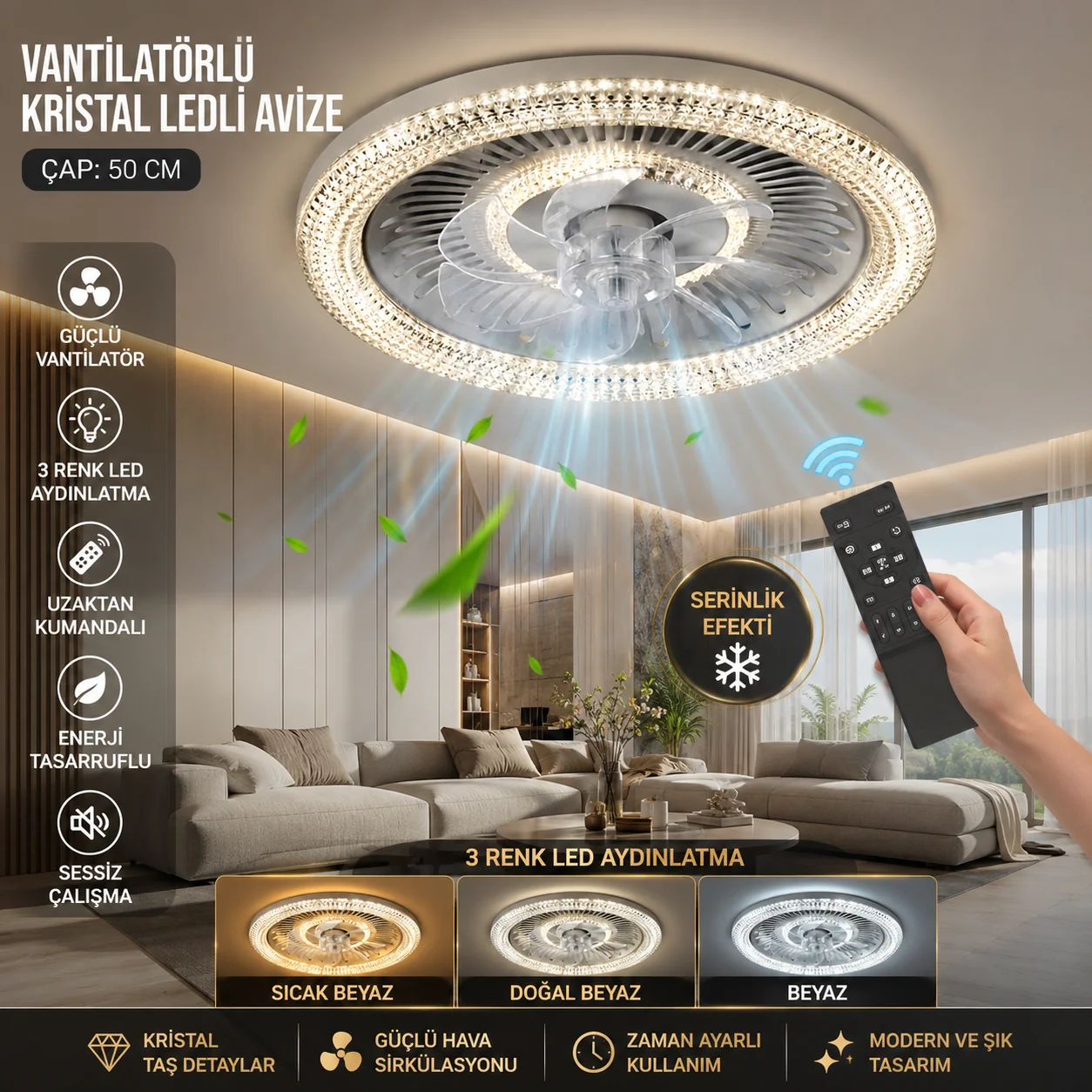 Ossa Yeni Premium Serisi Vantilatörlü Kristal Ledli Avize Uzaktan Kumandalı Ledli Tavan Vantilatörü Bakır Motorlu