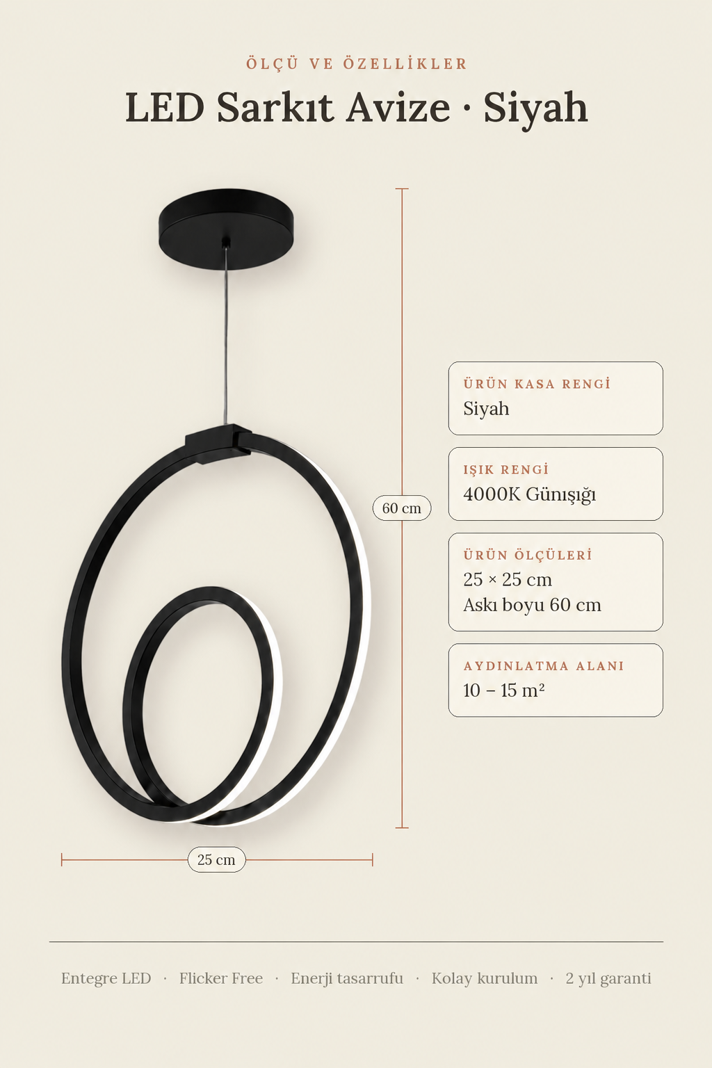 Orjin Siyah Tekli Sarkit Led Günışığı Ultra Ledli Salon Mutfak Oda Hol Ledli Avize