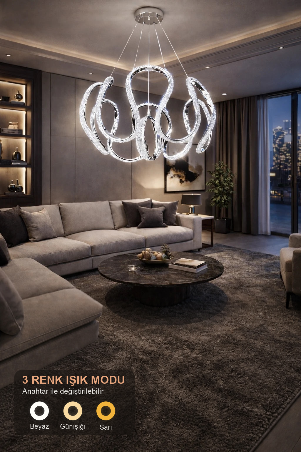 Pierra Lüks Cristalya Serisi Orjinal Krom Kaplamalı 3 Renk Ledli Sarkıt Ledli Avize Modern Led Avize-Çap 50 cm