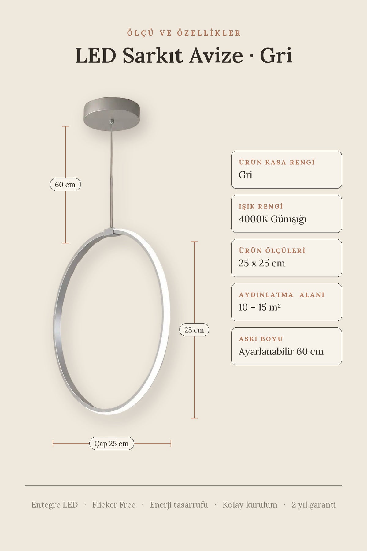 Rings Gri Tekli Sarkıt Led Günışığı Ultra Ledli Salon Mutfak Oda Hol Ledli Avize