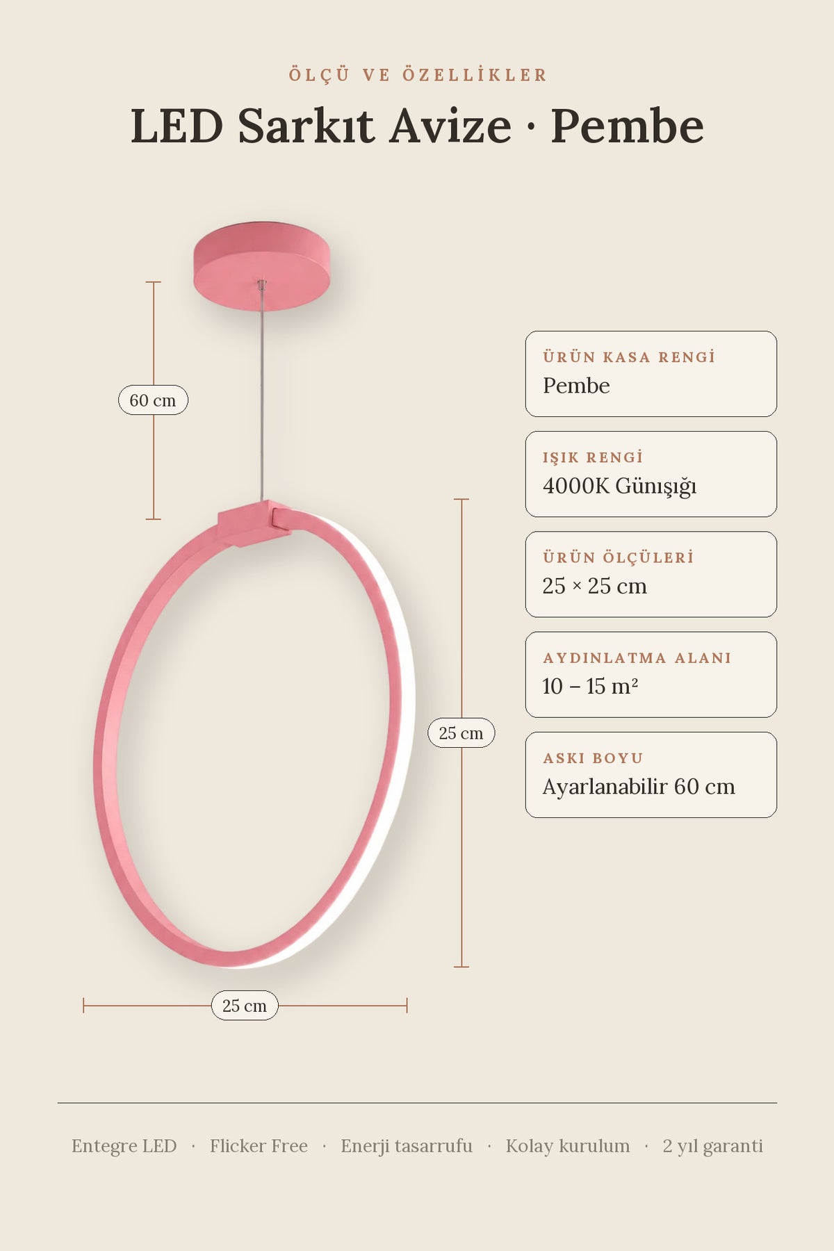 Rings Pembe Tekli Sarkıt Led Günışığı Ultra Ledli Salon Mutfak Oda Hol Ledli Avize