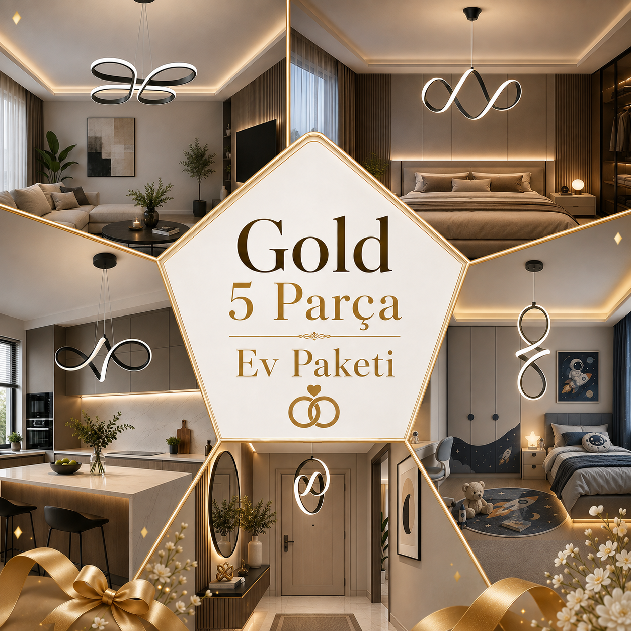 Gold 5 Parça Ev Paketi - Ev Aydınlatma Seti Siyah