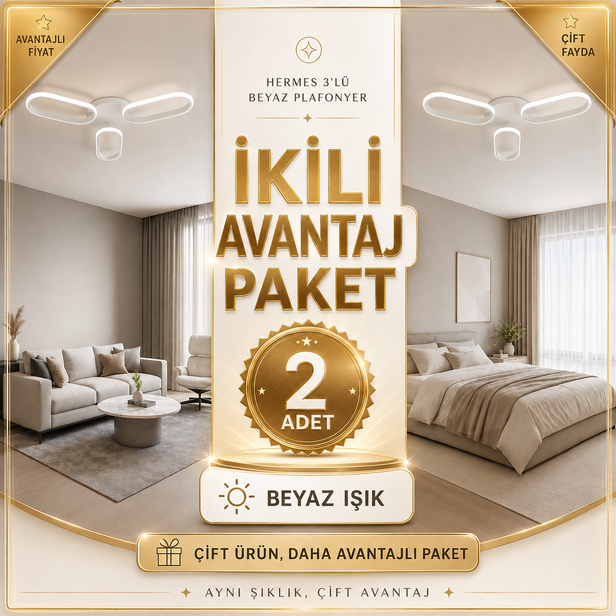 Avantaj Paket - 2 Adet Hermes Beyaz 3'Lü Plafonyer Beyaz Ledli Avize