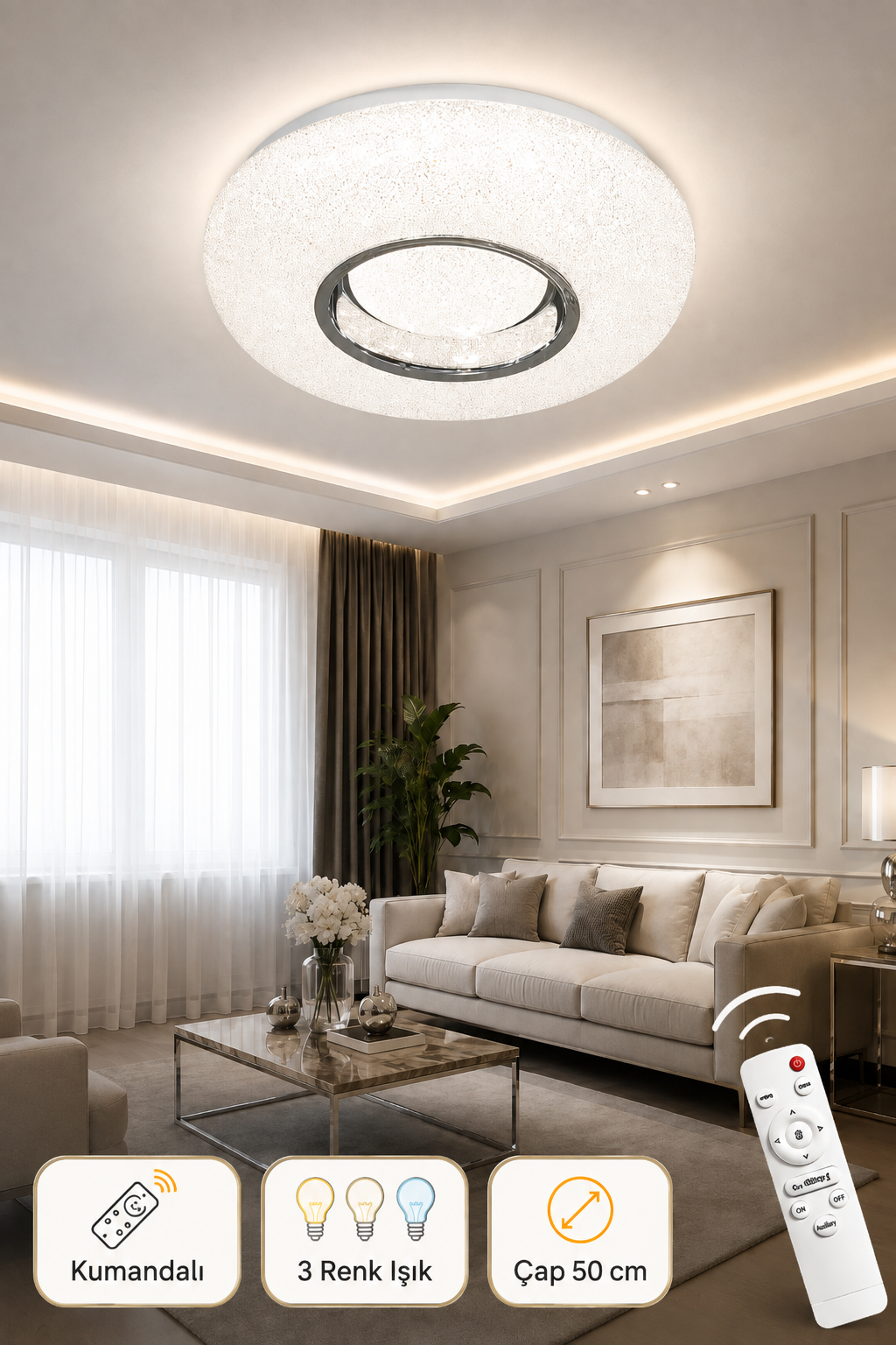 Lara Krom Uzaktan Kumandalı 3 Renk 50 cm Led Avize