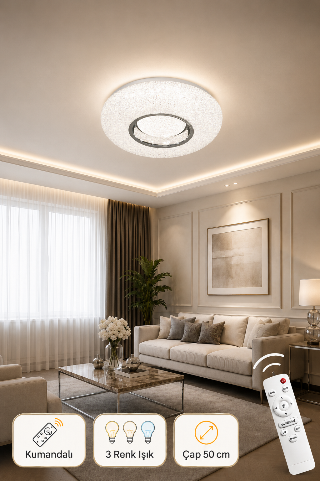 Lara Krom Uzaktan Kumandalı 3 Renk 50 cm Led Avize