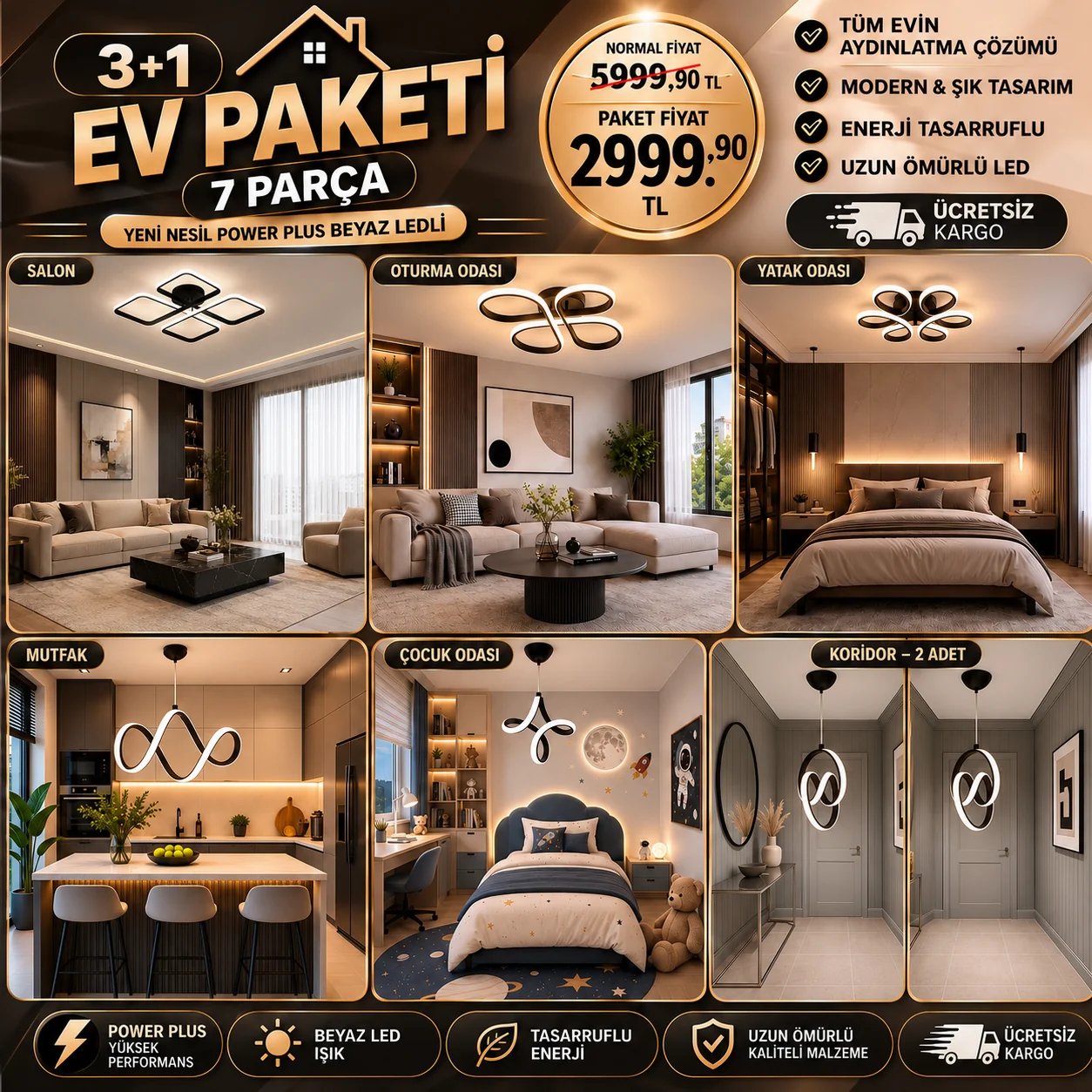 Marlin 7 Parça Avantajlı Ev Aydınlatma Paketi Siyah Beyaz Işık