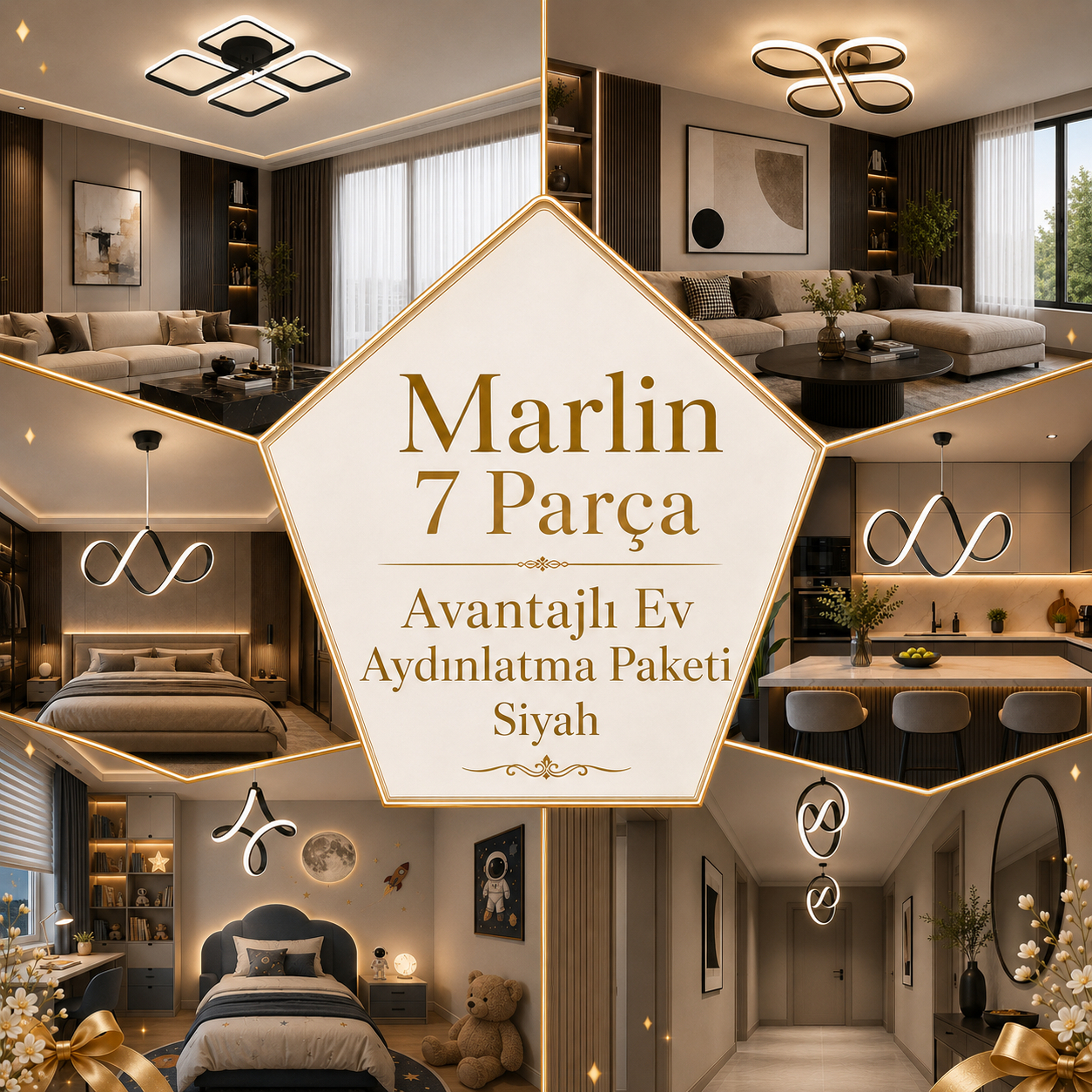 Marlin 7 Parça Avantajlı Ev Aydınlatma Paketi Siyah Beyaz Işık