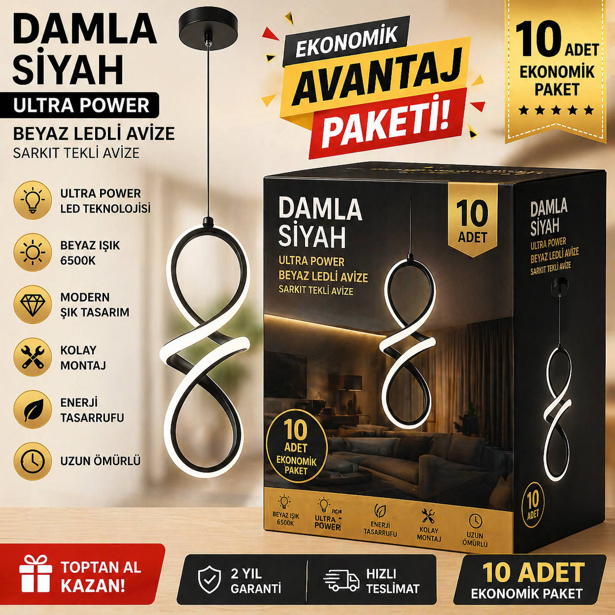 Toptan Led Avize 10 Adet Damla Siyah Sarkıt Beyaz Işık Led Avize