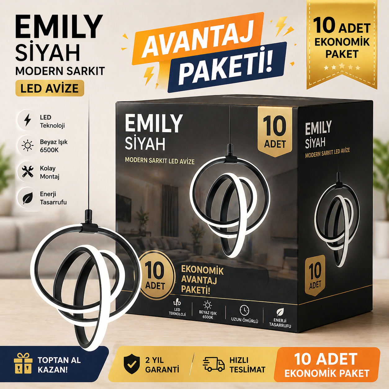 Toptan Led Avize 10 Adet Emily Siyah Sarkıt Beyaz Işık Led Avize